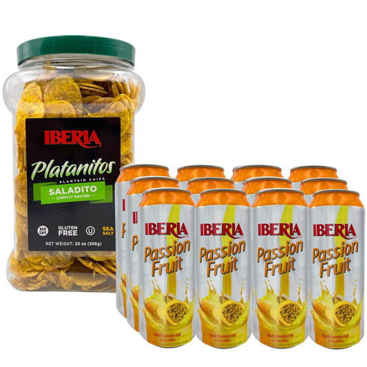 Iberia Passion Fruit Juice Drink, 16.57 Fl Oz (Pack of 12) + Iberia Saladito Lightly Salted Plantain Chips, 20 Oz.