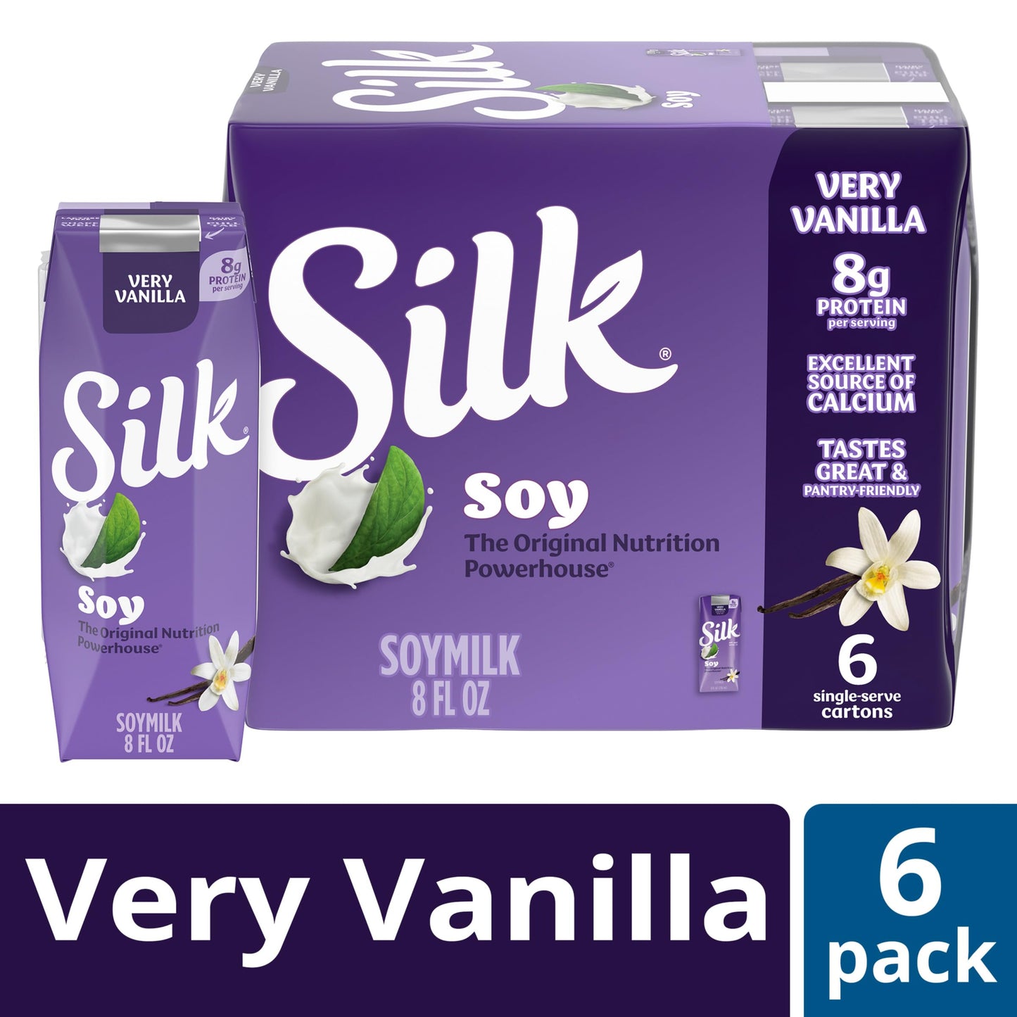 Silk Shelf-Stable Soy Milk Singles, Very Vanilla, Dairy-Free, Vegan, Non-GMO Project Verified, 8 oz., 6 Pack