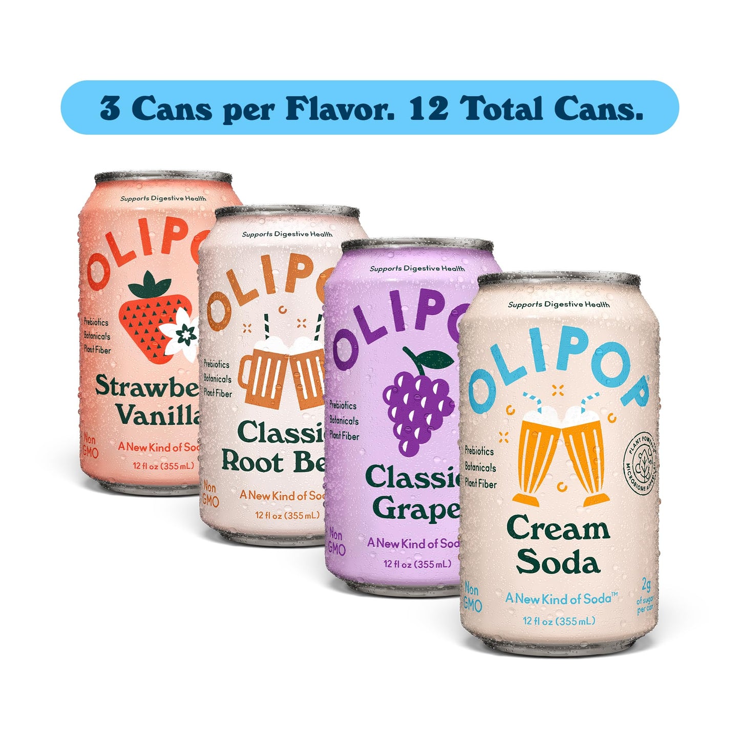 OLIPOP Prebiotic Soda Pop, Favorites Variety, Pantry Pack Packed with Prebiotics, Fiber, and Botanicals, Gluten Free, GMO Free, 12oz (12-Cans)