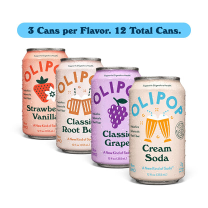 OLIPOP Prebiotic Soda Pop, Favorites Variety, Pantry Pack Packed with Prebiotics, Fiber, and Botanicals, Gluten Free, GMO Free, 12oz (12-Cans)