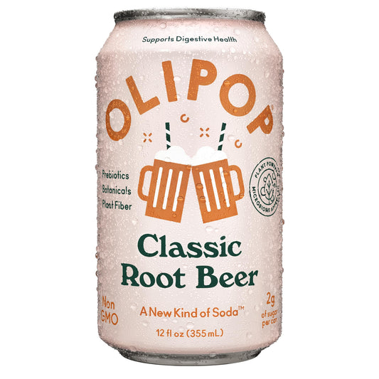 OLIPOP - Classic Root Beer Sparkling Tonic, Healthy Soda, Prebiotic Soft Drink, Aids Digestive Health, Contains Prebiotics & 9g of Plant Fiber, Caffeine Free, Low Calorie, Low Sugar, 12 oz