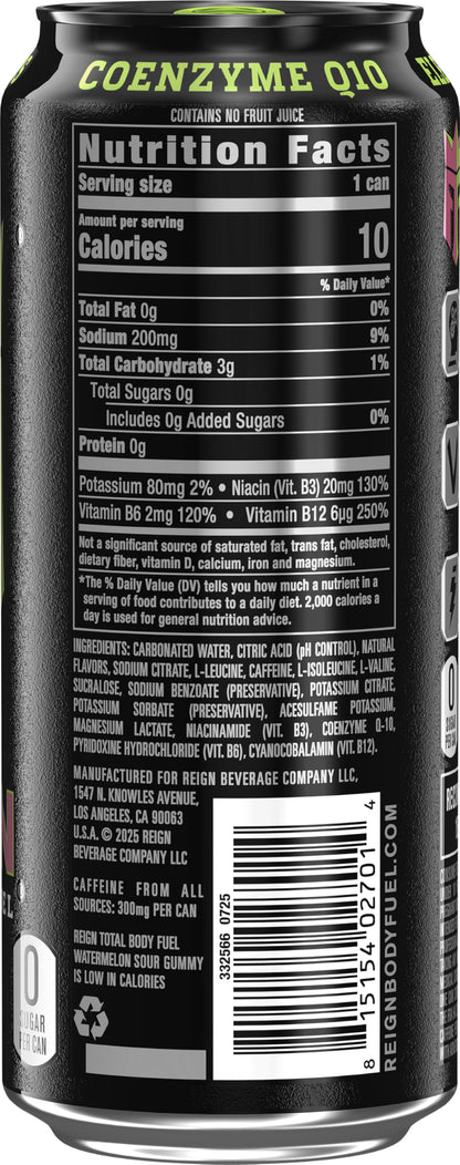 Reign Total Body Fuel, Watermelon Sour Gummy, Fitness & Performance Drink, 16 Fl Oz (Pack of 12)
