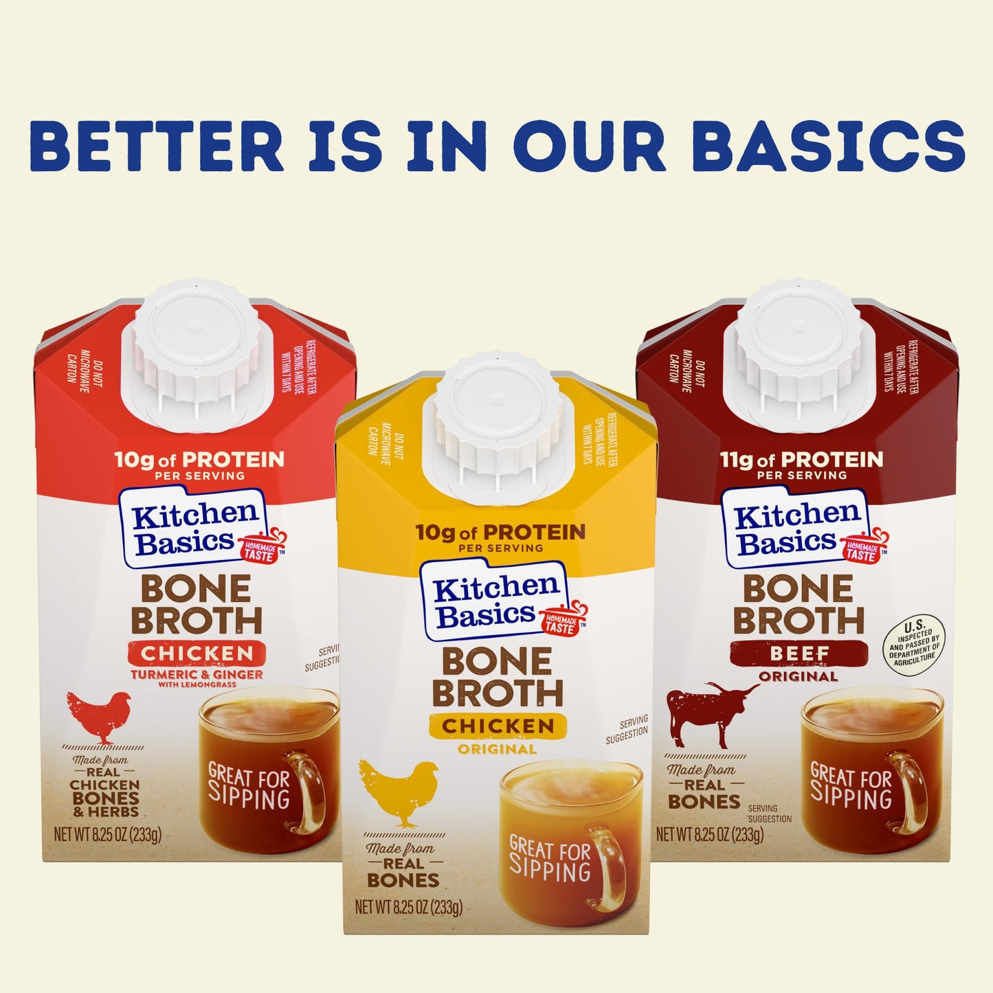 Kitchen Basics Beef Bone Broth, 8.25 oz Carton, a Delicious Boost of Flavor to soups and gravy, Great for Sipping and a Source of Protein