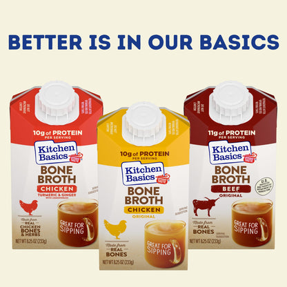 Kitchen Basics Beef Bone Broth, 8.25 oz Carton, a Delicious Boost of Flavor to soups and gravy, Great for Sipping and a Source of Protein