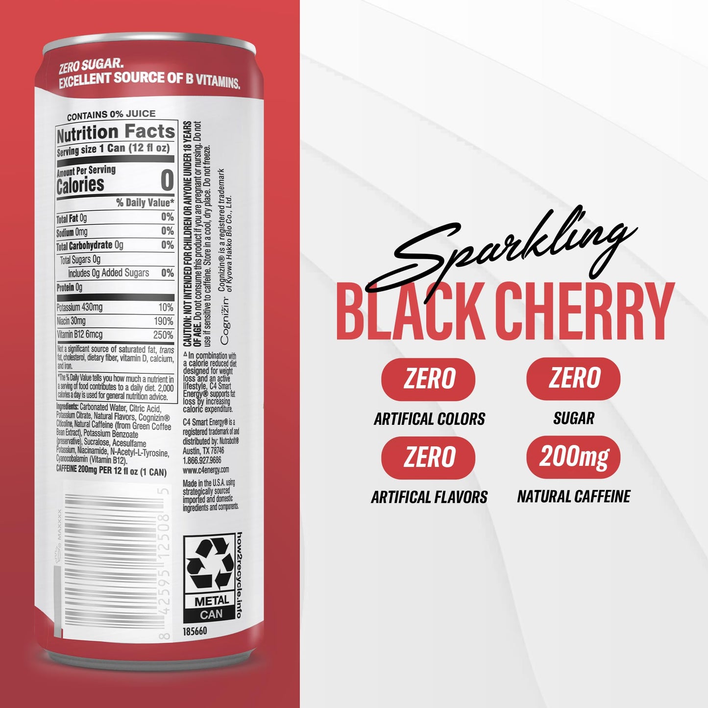 C4 Smart Energy Drink – Boost Focus and Energy with Zero Sugar, Natural Energy, and Nootropics - 200mg Caffeine - Black Cherry (12oz Pack of 12)
