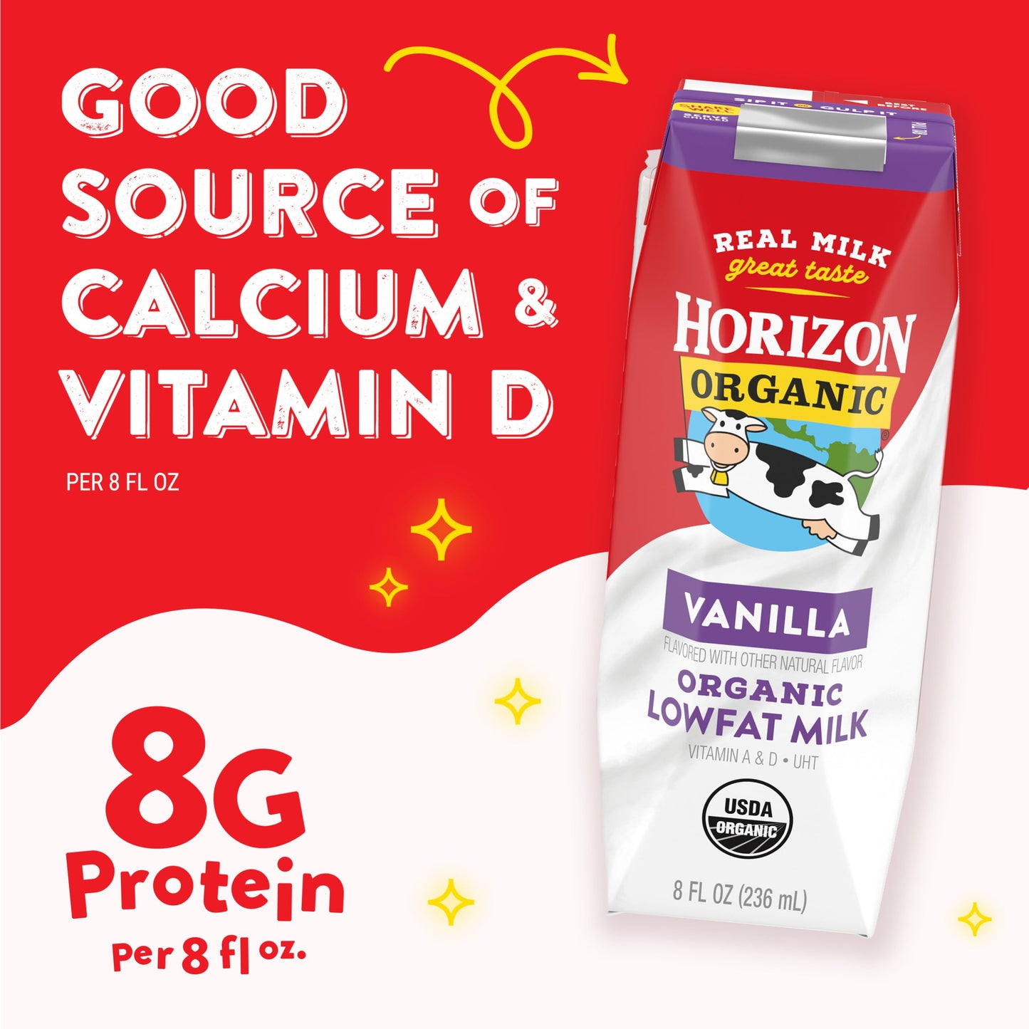 Horizon Organic Shelf Stable 1% Lowfat Vanilla Milk Boxes, 8 fl oz, 6 Count - 8g Protein per Serving, USDA Organic UHT, Ready to Drink for Lunchbox, Travel, or On-the-Go, No Refrigeration Needed
