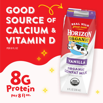 Horizon Organic Shelf Stable 1% Lowfat Vanilla Milk Boxes, 8 fl oz, 6 Count - 8g Protein per Serving, USDA Organic UHT, Ready to Drink for Lunchbox, Travel, or On-the-Go, No Refrigeration Needed