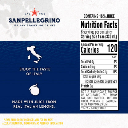 Sanpellegrino Italian Sparkling Drink Limonata, Sparkling Lemon Beverage, 6 Pack Of Cans 11.15 fl oz