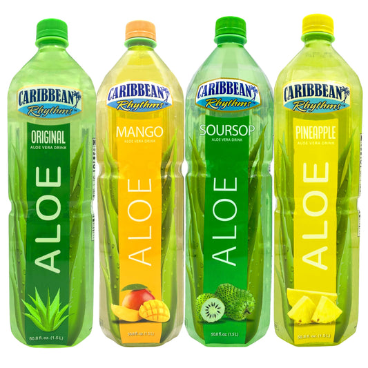 Caribbean Rhythms Aloe Vera Drinks Variety Pack 1.5 Liter, Original + Mango + Pineapple + Soursop (Pack of 4)