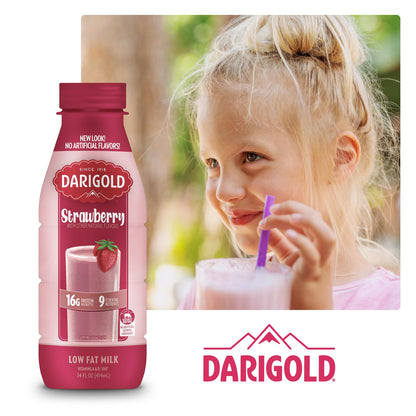 Darigold 1 Percent Milk, Reduced Fat Shelf Stable Milk with 9 Essential Nutrients, 16g Protein, rsBT Free - 14oz, 12 Pack (Strawberry)