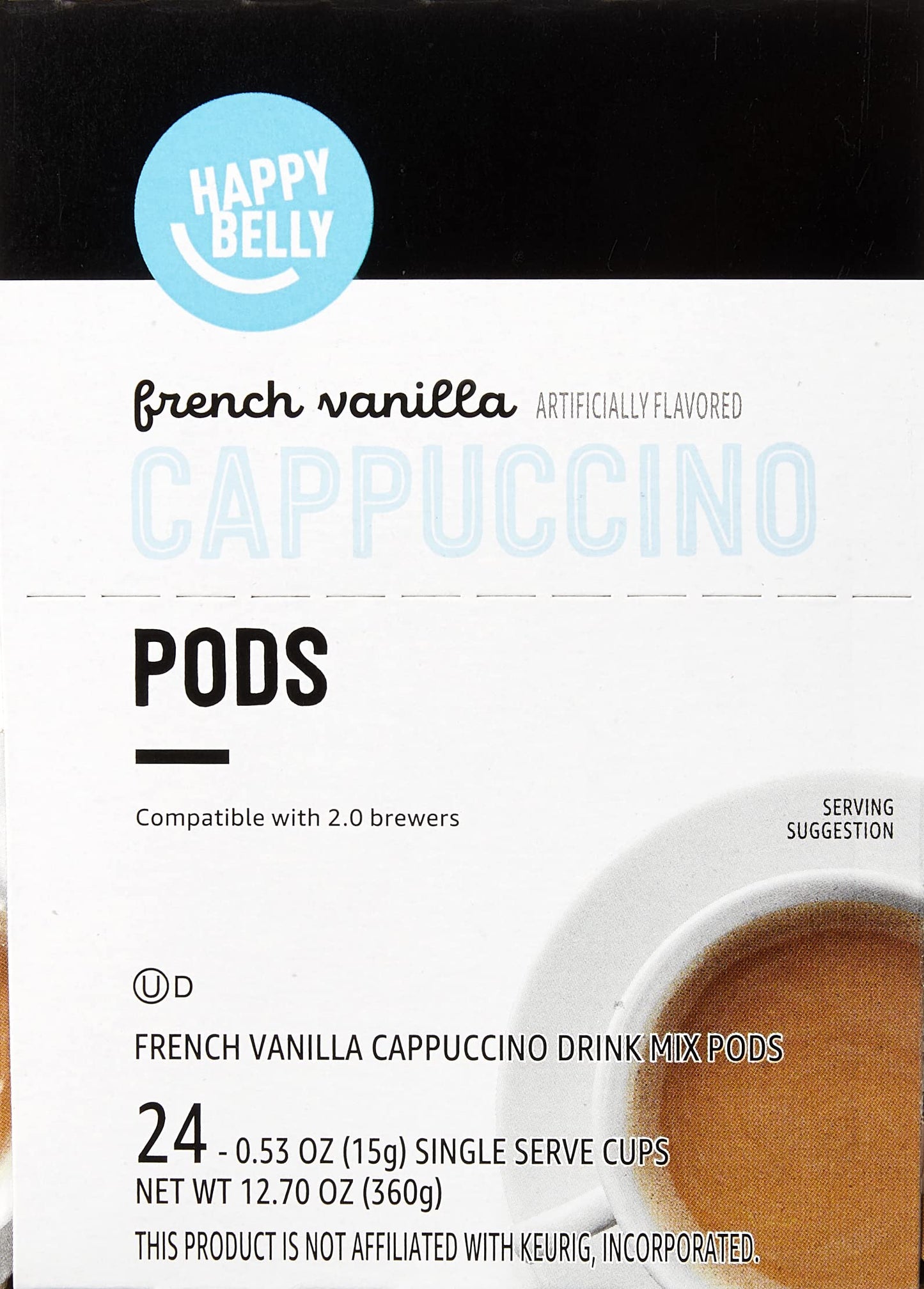 Happy Belly Cappuccino Coffee Pods Light Roast Compatible with 2.0 K-Cup Brewers, French Vanilla Flavored, 24 Count, 12.7 Ounce
