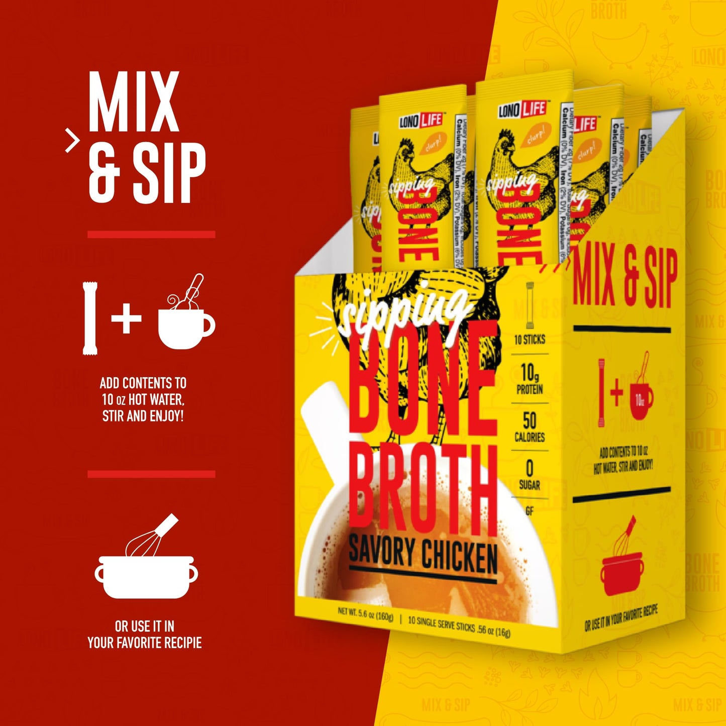LonoLife Chicken Bone Broth Powder Mix | 10g Protein | Collagen-Rich, Keto & Paleo Friendly | Natural Ingredients | 10 Portable Stick Pack Servings