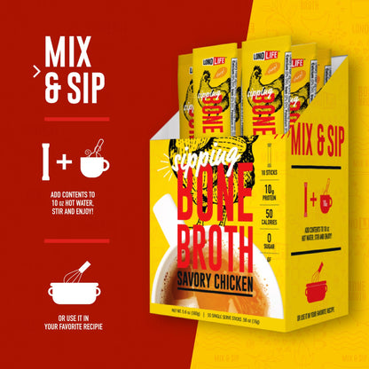 LonoLife Chicken Bone Broth Powder Mix | 10g Protein | Collagen-Rich, Keto & Paleo Friendly | Natural Ingredients | 10 Portable Stick Pack Servings