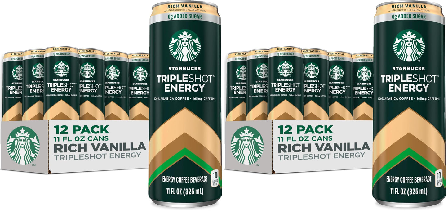 Starbucks Tripleshot Coffee Energy Drink,Vanilla,Triple Blend,165mg Caffeine,B Vitamins,Protein,Iced Coffee,11 fl oz Cans,(Pack of 24)