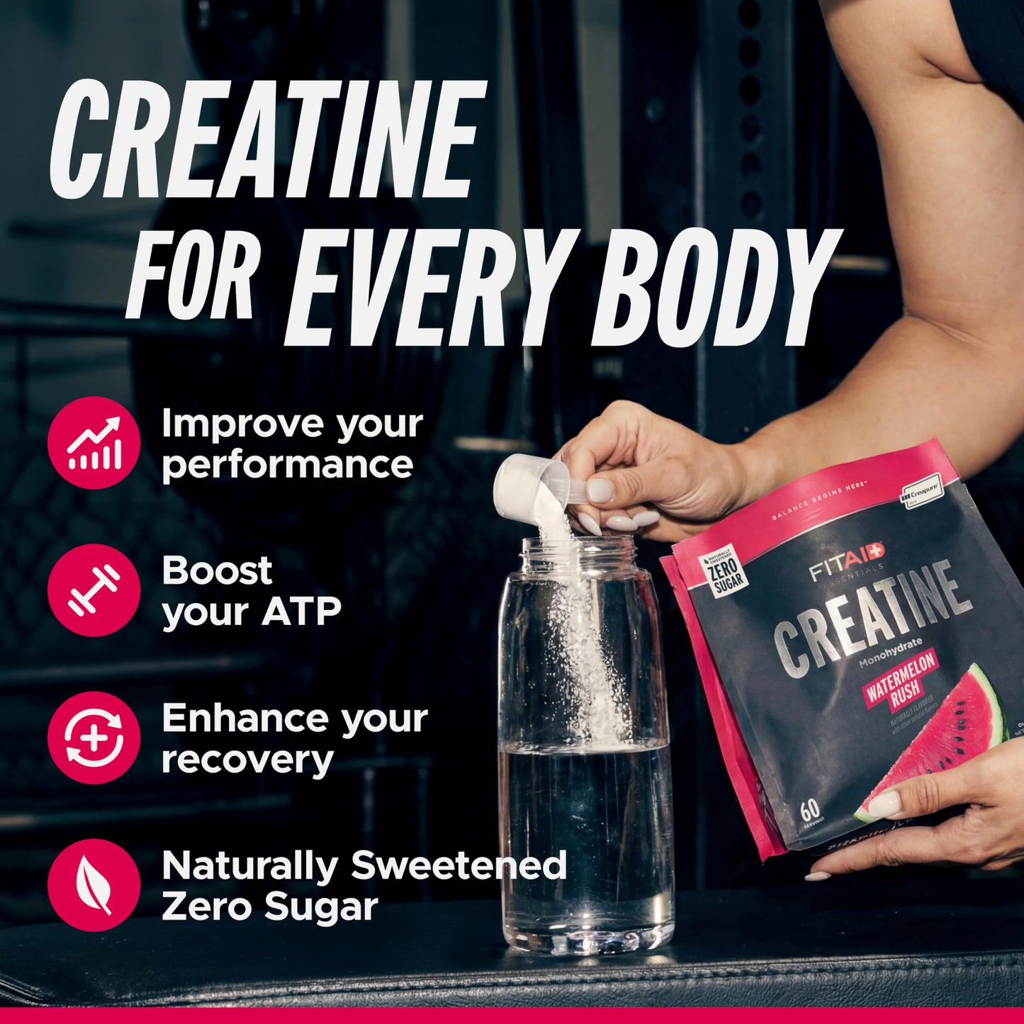 FITAID Creatine Monohydrate Powder, CreaPure, Watermelon Rush, ATP Production for Weightlifting, Cycling, Zero Sugar, Smooth-Mixing, Easy on Stomach, Resealable, 60 Servings