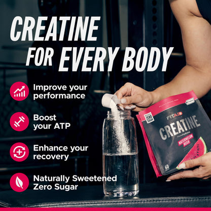 FITAID Creatine Monohydrate Powder, CreaPure, Watermelon Rush, ATP Production for Weightlifting, Cycling, Zero Sugar, Smooth-Mixing, Easy on Stomach, Resealable, 60 Servings