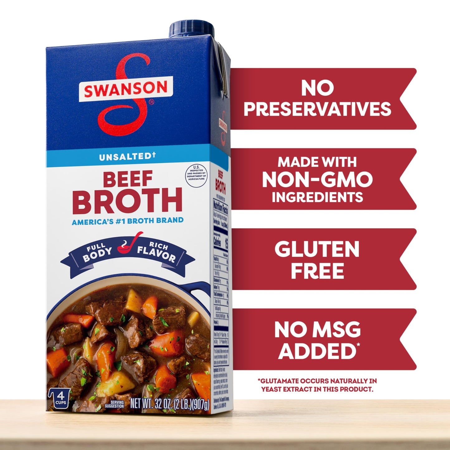 SWANSON S 100% Natural Unsalted Beef Broth, 32 oz Carton