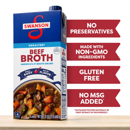 SWANSON S 100% Natural Unsalted Beef Broth, 32 oz Carton