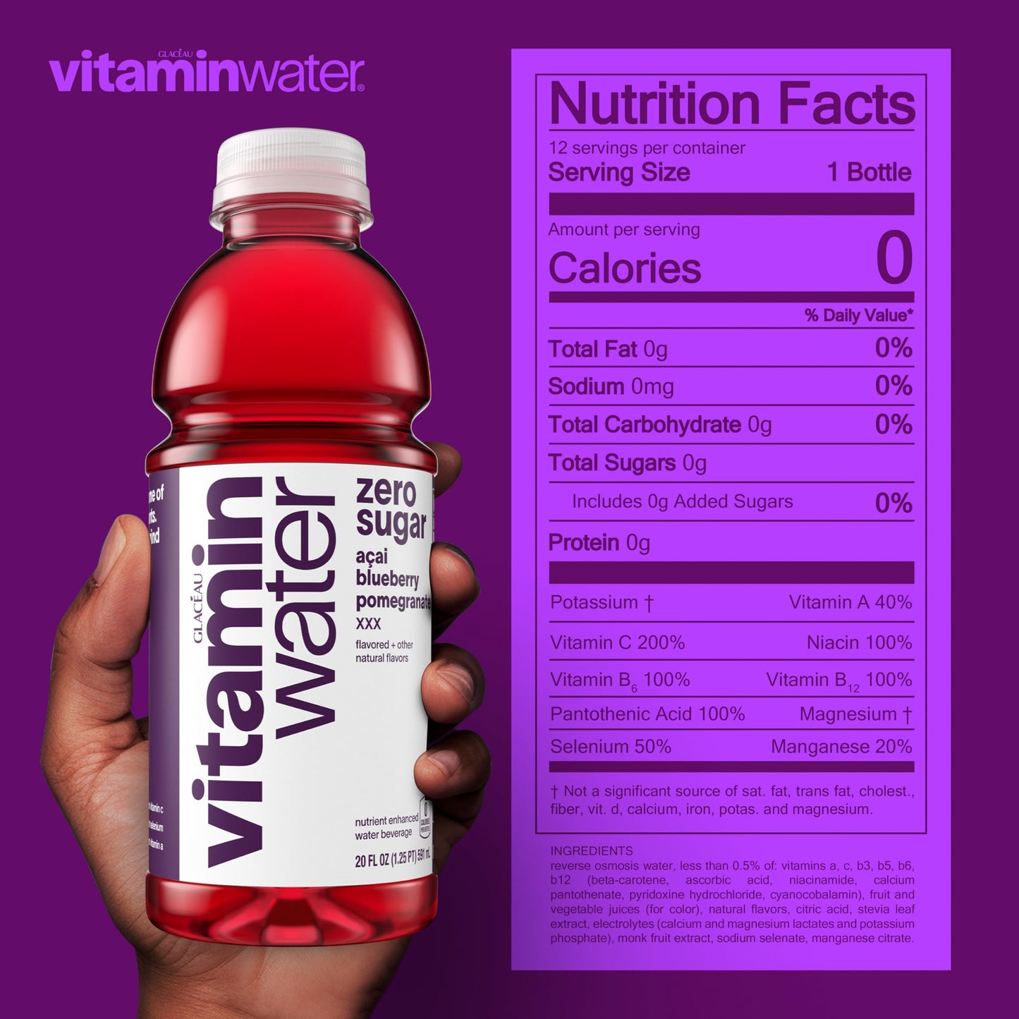 vitaminwater XXX Acai-Blueberry-Pomegranate Zero Sugar, Flavored Water Beverage, 20 fl oz Bottles, 12 Pack