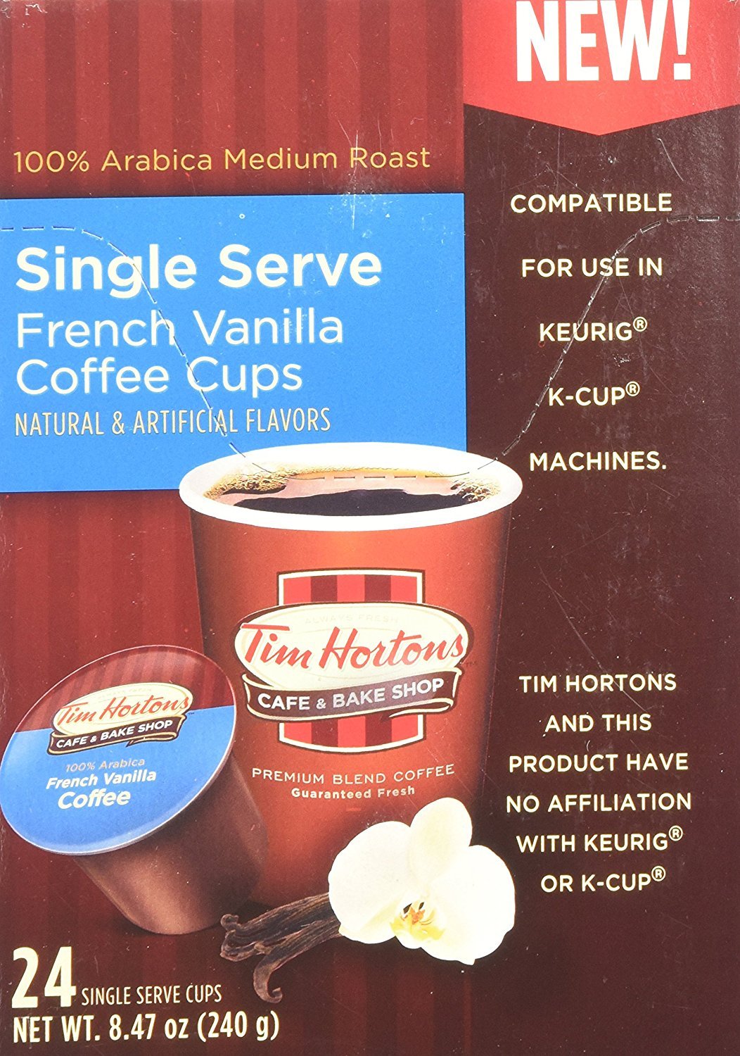 Tim Hortons French Vanilla Coffee, Single-Serve K-Cup Pods Compatible with Keurig Brewers, 12ct K-Cups