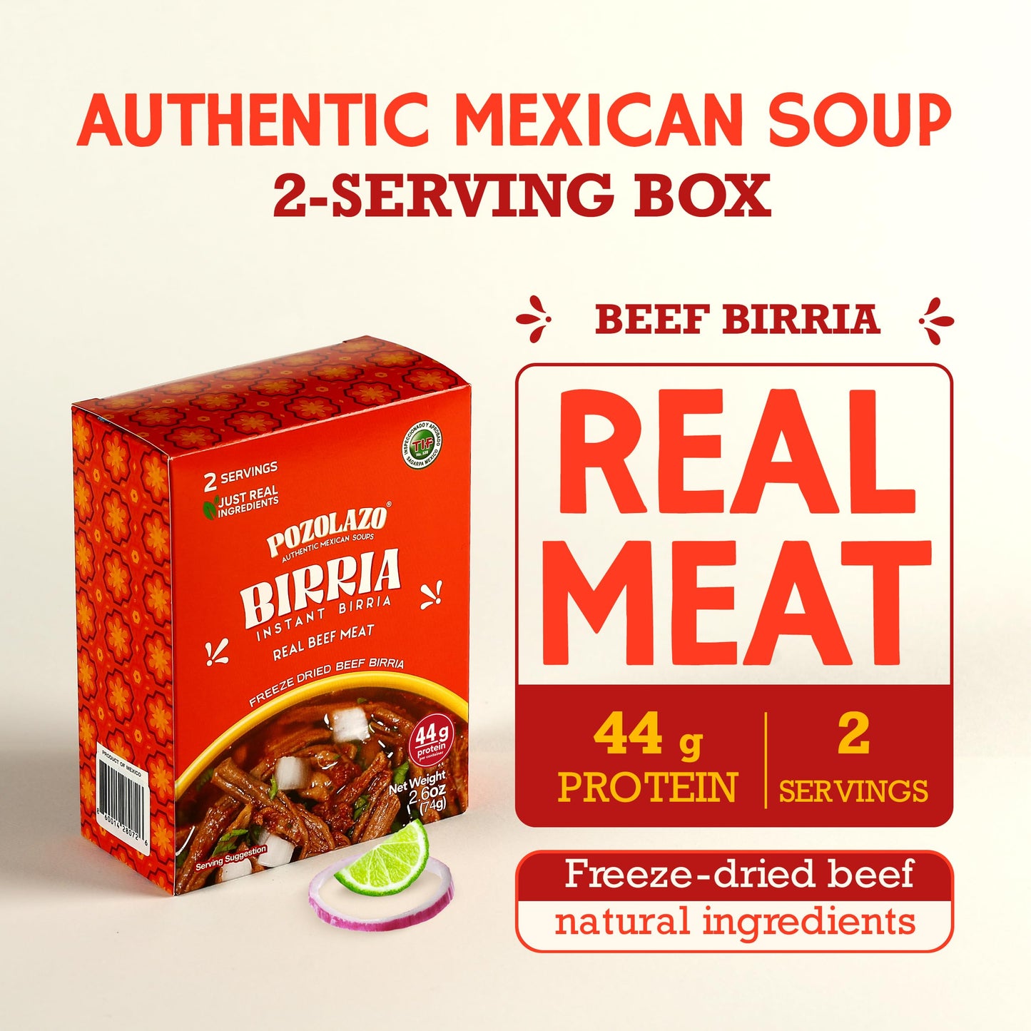 POZOLAZO | Instant Birria Soup | Mexican Beef Stew | Real Freeze-Dried Meat | 2-Serving Box | Authentic Red Chile Broth & Spices