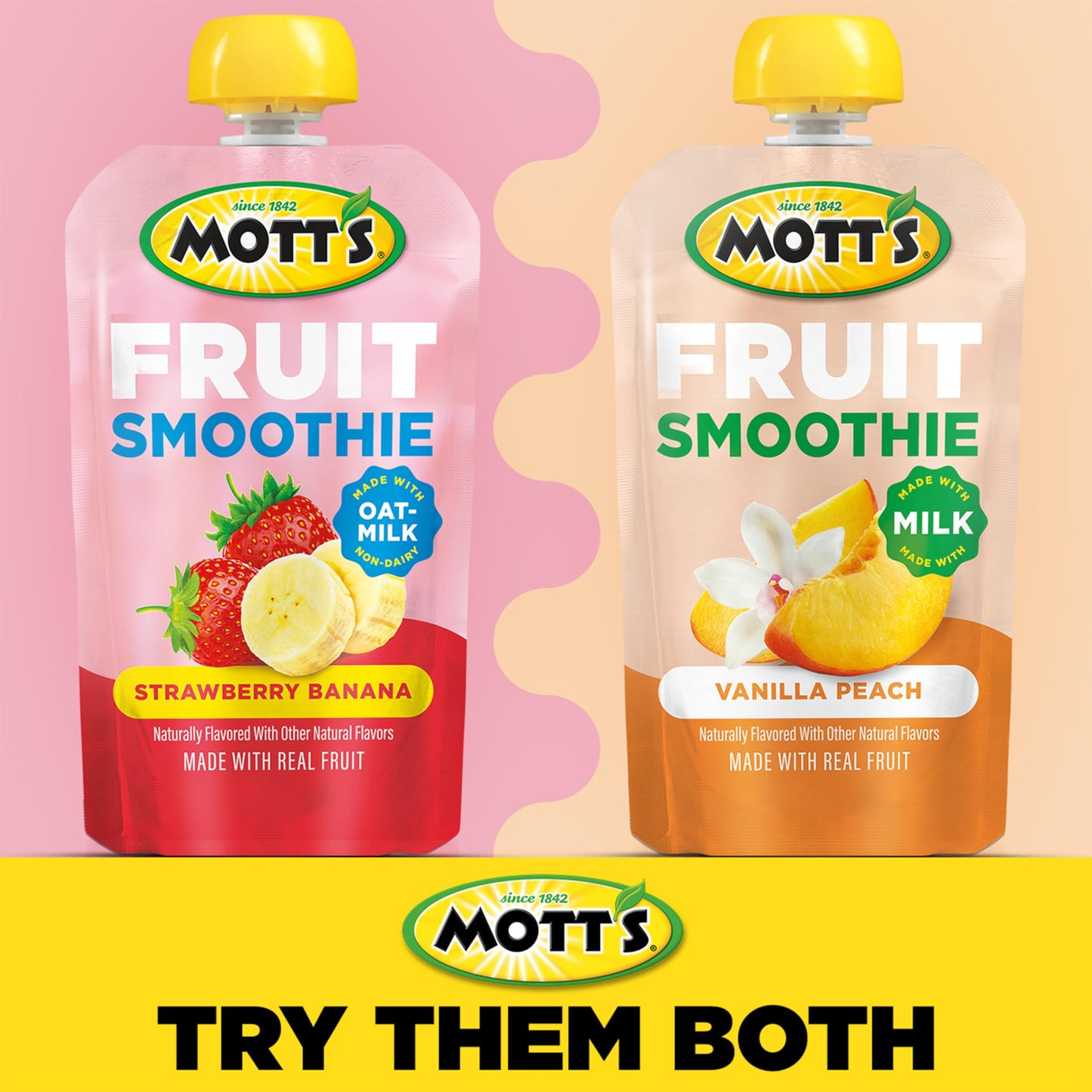 Mott’s Fruit Smoothies Strawberry Banana, 4.2 oz clear pouches, 8 Pack, Non-dairy, Made With Oatmilk, Made With Real Fruit, Good Source of Calcium, On-the-Go