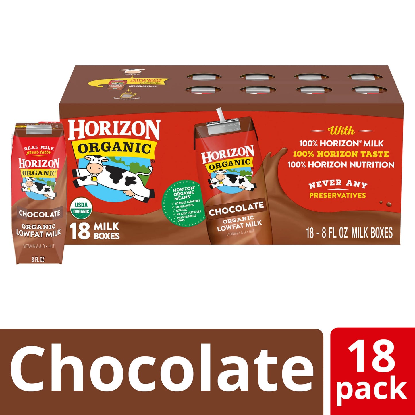 Horizon Organic Shelf Stable 1% Lowfat Chocolate Milk Boxes, 8 fl oz, 18 Count - 8g Protein per Serving, USDA Organic UHT from Pasture-Raised Cows, Ready to Drink for Lunchbox, Travel, or On-the-Go, No Refrigeration Needed