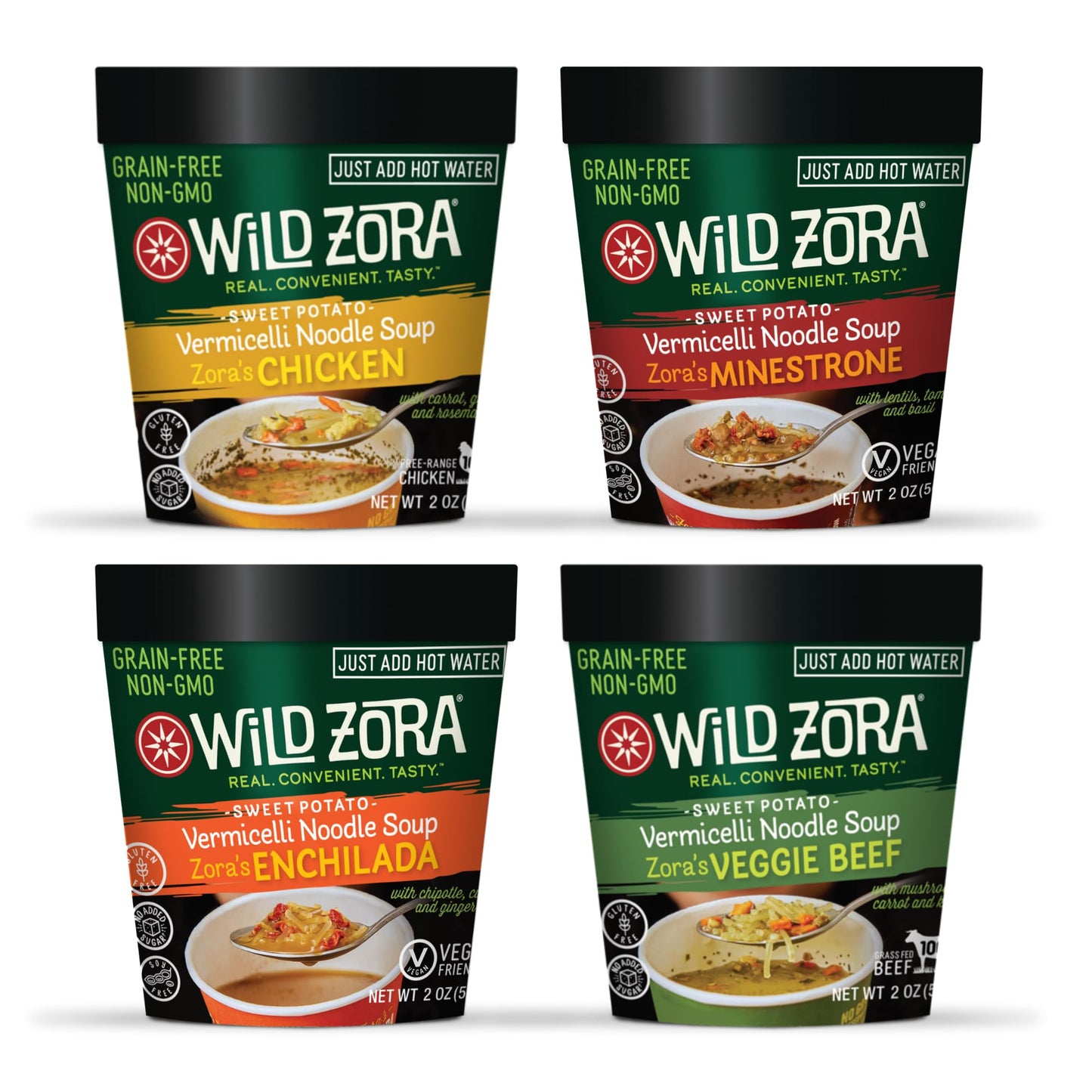 Wild Zora Vermicelli Noodle Soup - Instant Cup of Soup Snack w/Sweet Potato Glass Noodles, Gluten Free Made w/Real and Traditional Soup Ingredients, Grain-Free - Variety (4-Pack)
