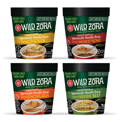 Wild Zora Vermicelli Noodle Soup - Instant Cup of Soup Snack w/Sweet Potato Glass Noodles, Gluten Free Made w/Real and Traditional Soup Ingredients, Grain-Free - Variety (4-Pack)