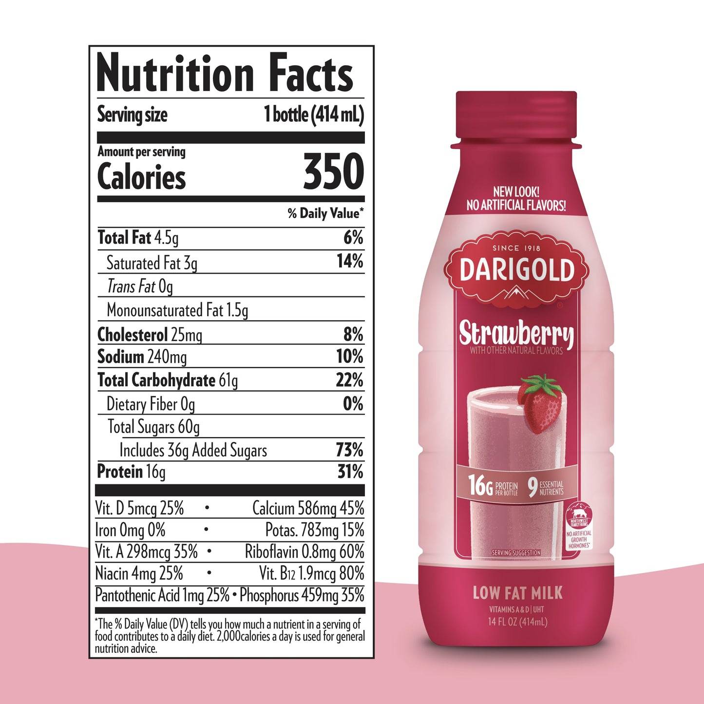 Darigold 1 Percent Milk, Reduced Fat Shelf Stable Milk with 9 Essential Nutrients, 16g Protein, rsBT Free - 14oz, 12 Pack (Strawberry)