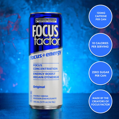Focus Factor Energy Drink - 12 x 355ml Cans (Original Flavour) - with Focus + Energy - Lightly Carbonated, Sugar Free, Low Calorie with Vitamin B6 & Vitamin B12