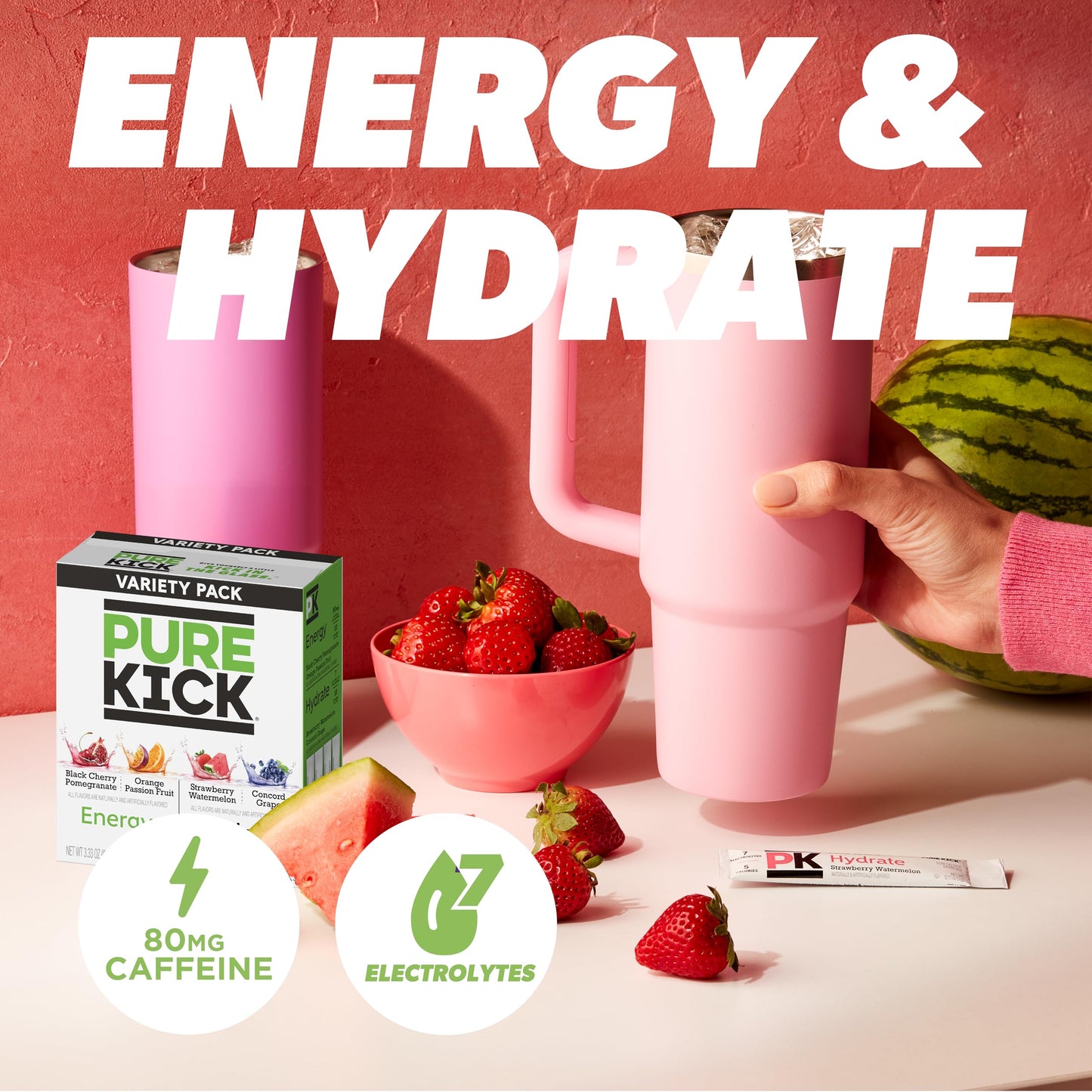 PURE KICK Energy and Hydrate Singles To Go Drink Mix Variety Pack, Black cherry Pomegranate, Orange Passion Fruit, Strawberry watermelon and Concord Grape (Pack of 60)
