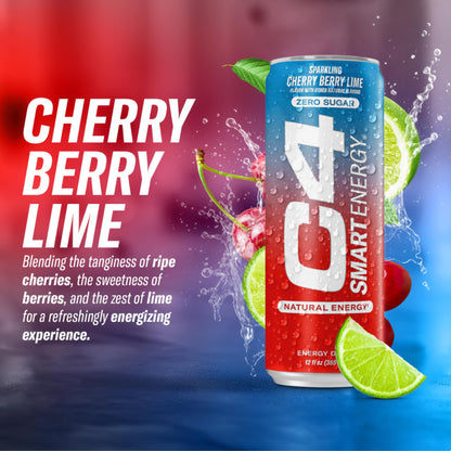 Cellucor C4 Smart Energy Drink - Sugar Free Performance Fuel & Nootropic Brain Booster, Coffee Substitute or Alternative | Cherry Berry Lime 12 Oz - 12 Pack