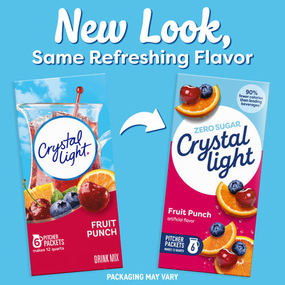 Crystal Light Drink Mix, 6 Pitcher Packets, for Flavorful Hydration and Shareable Refreshment, Fruit Punch artificial flavor Zero Sugar, Low Calorie, 2.04 oz