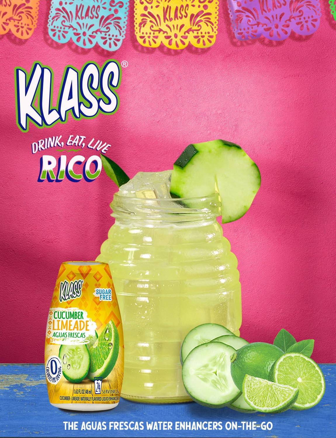 Klass Aguas Frescas | Liquid Water Enhancer | Classic Variety Pack | Flavors: Cucumber Limeade Strawberry Watermelon Hibiscus Berries & Pineapple Tangerine | Naturally Flavored | Sugar Free | Zero Calories Per Serving | Keto | 4 Bottles, Makes 96 Drinks