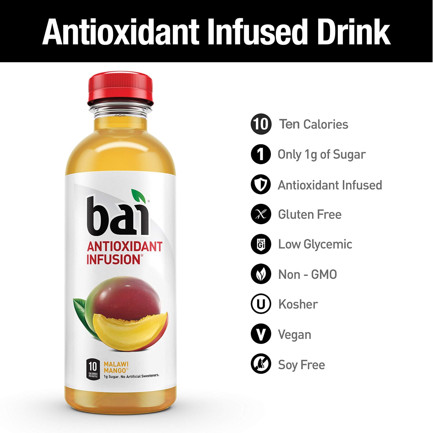 Bai Flavored Water, Malawi Mango, Antioxidant Infused Drinks, 18 Fluid Ounce Bottle (Pack of 12)