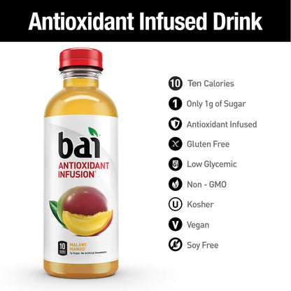 Bai Flavored Water, Malawi Mango, Antioxidant Infused Drinks, 18 Fluid Ounce Bottle (Pack of 12)