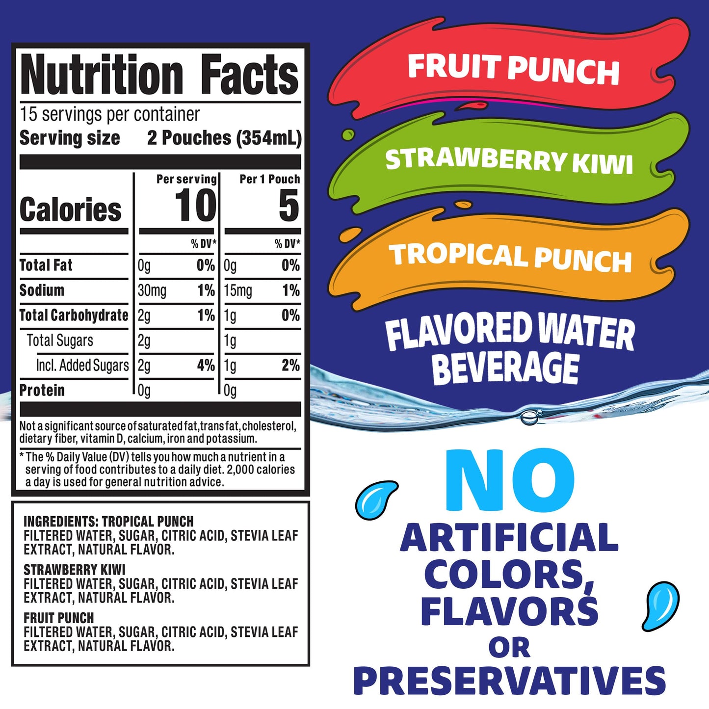 Capri Sun Roarin' Waters Flavored with Other Natural Flavor Water Beverage, 30 Pouches, for School Lunches and On-the-Go Hydration, Fruit Punch, Strawberry Kiwi and Tropical Punch, 6 fl oz