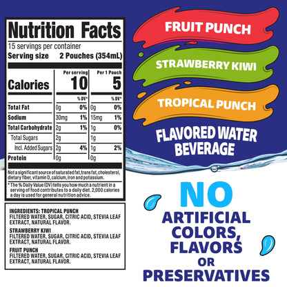 Capri Sun Roarin' Waters Flavored with Other Natural Flavor Water Beverage, 30 Pouches, for School Lunches and On-the-Go Hydration, Fruit Punch, Strawberry Kiwi and Tropical Punch, 6 fl oz