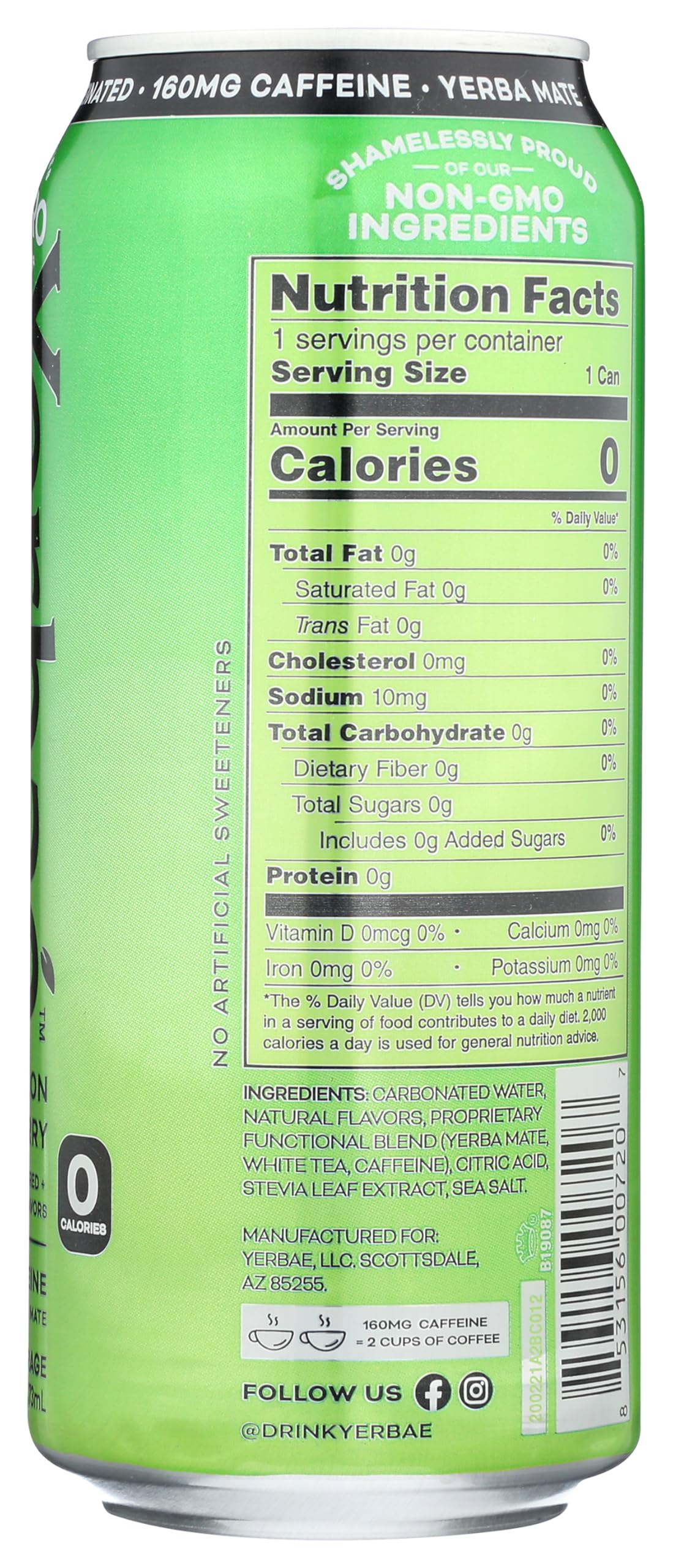 Yerbae Sparkling Water with Yerba Mate Tea - Watermelon Strawberry, 16 ounce (Pack of 12)