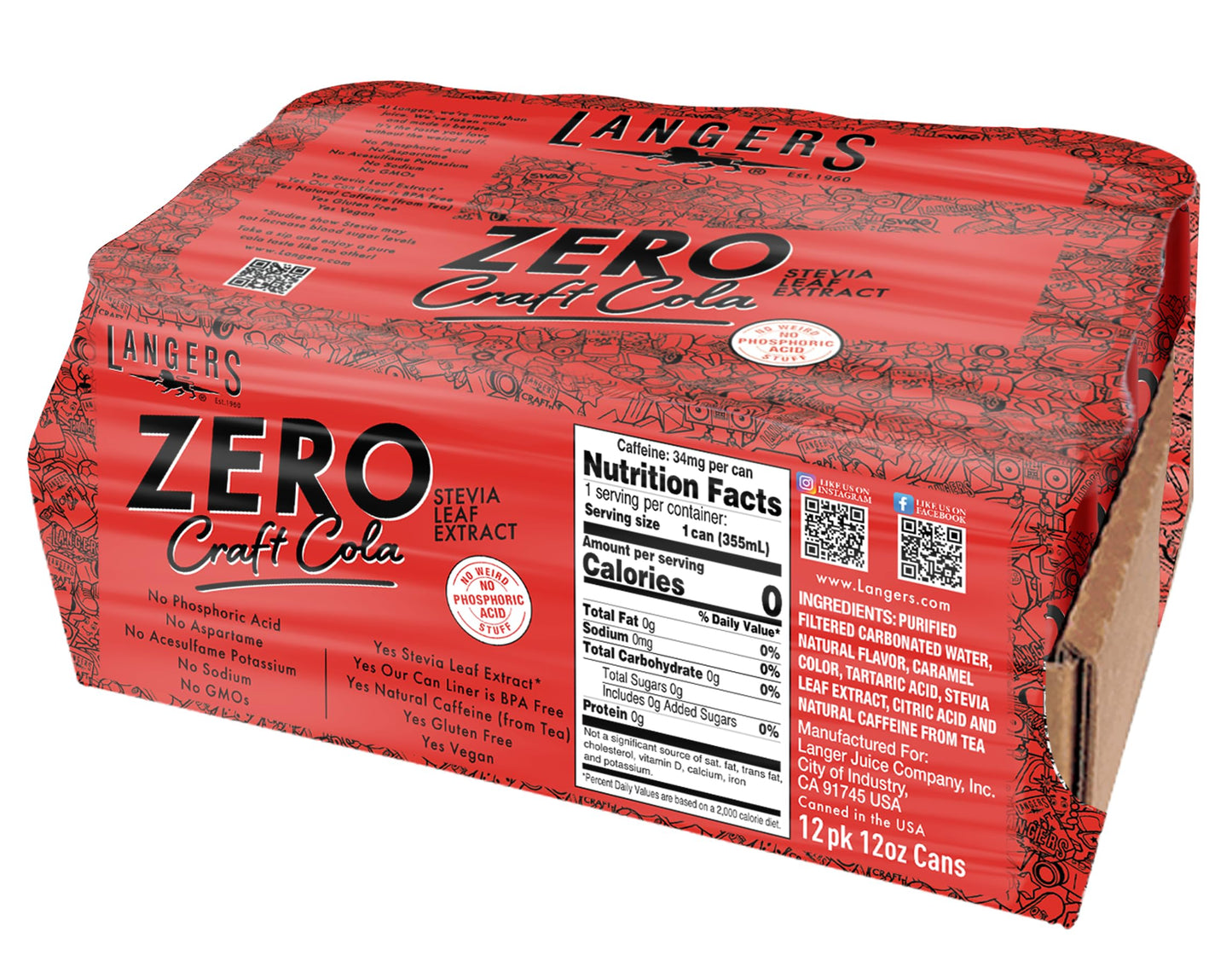 Langers Zero Craft Cola with Stevia, No Weird Stuff, 12 Fl Oz (Pack of 12)