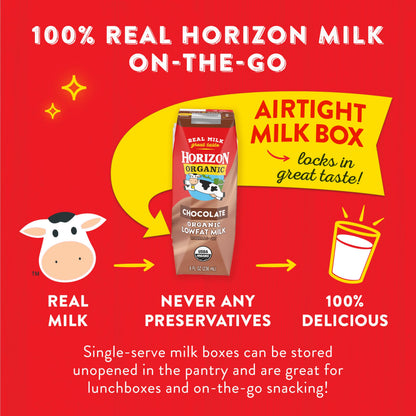 Horizon Organic Shelf Stable 1% Lowfat Chocolate Milk Boxes, 8 fl oz, 18 Count - 8g Protein per Serving, USDA Organic UHT from Pasture-Raised Cows, Ready to Drink for Lunchbox, Travel, or On-the-Go, No Refrigeration Needed