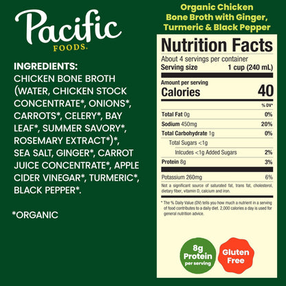 Pacific Foods Organic Chicken Bone Broth With Ginger, Turmeric, and Black Pepper, 32 oz Carton
