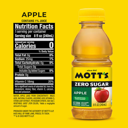 Mott's Zero Sugar Apple Juice Drink, 8 fl oz bottles, 24 Count (4 Packs of 6), Apple Flavor, Excellent Source of Vitamin C
