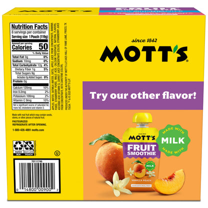 Mott’s Fruit Smoothies Strawberry Banana, 4.2 oz clear pouches, 8 Pack, Non-dairy, Made With Oatmilk, Made With Real Fruit, Good Source of Calcium, On-the-Go