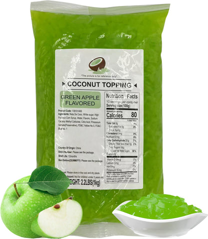 Soeos Green Apple Coconut Jelly Strips, 2.2 lbs (1 Kg) – Sweet & Chewy Tropical Snack, Ready-to-Eat Dessert Topping for Drinks, Bubble Tea, and Ice Cream