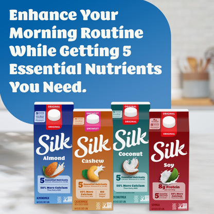 Silk Almond Milk, Original, Dairy Free, Gluten Free, Seriously Creamy Vegan Milk with 50% More Calcium than Dairy Milk, 64 FL OZ Half Gallon