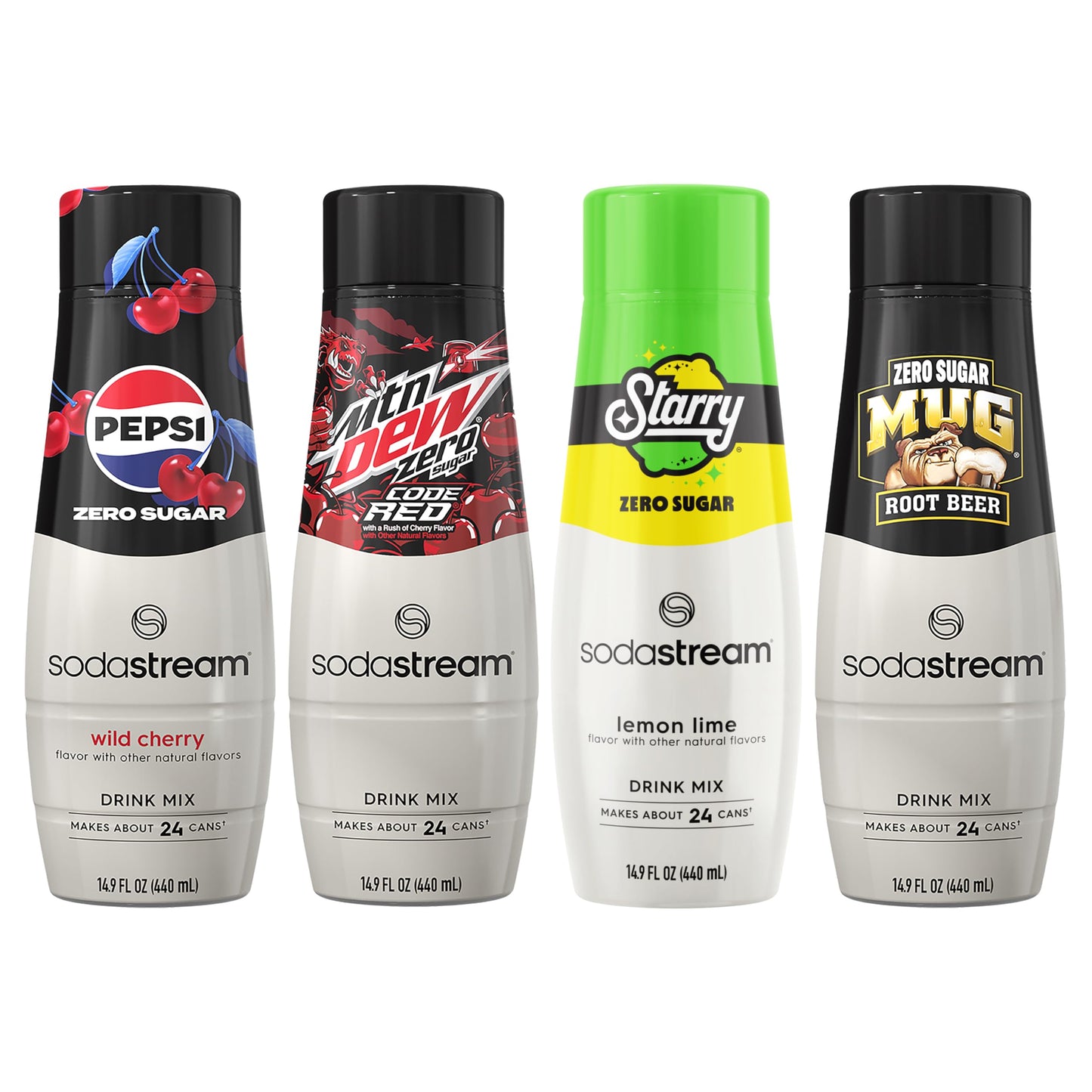SodaStream Pepsi Wild Cherry, MTN Dew Code Red, Starry & Mug Root Variety Pack, Zero Sugar, 440ml Pack of 4