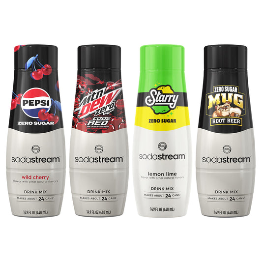 SodaStream Pepsi Wild Cherry, MTN Dew Code Red, Starry & Mug Root Variety Pack, Zero Sugar, 440ml Pack of 4
