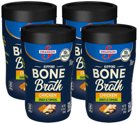 Swanson Sipping Bone Broth, Chicken Bone Broth with Ginger & Turmeric, 10.75 Ounce Sipping Cup (Pack of 4)
